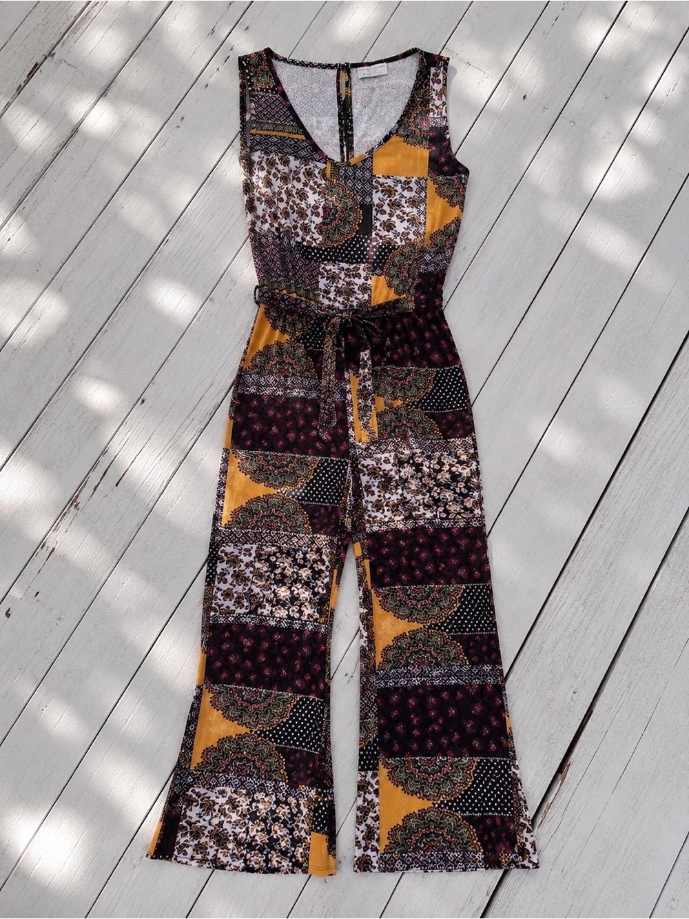 Bobbie Brooks Patchwork Jumpsuit Womens Medium Boho Wide Leg Festival Belted